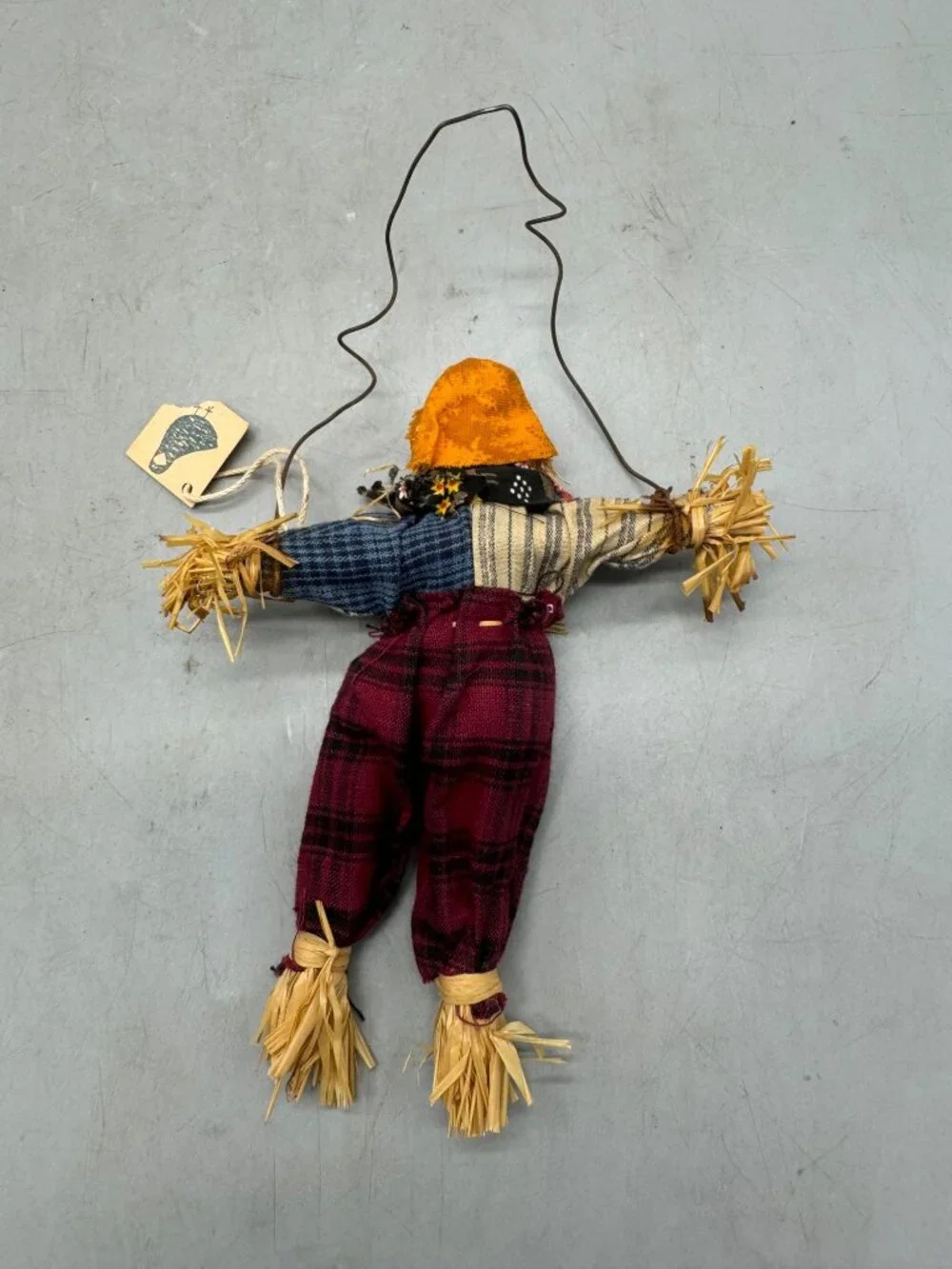 Handmade Rustic Scarecrow Ornament With Plaid Clothes & Wire to Hang READ